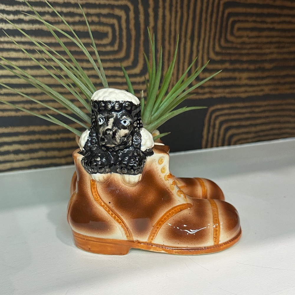 Ceramic Dog in Boot Planter - Brown and Black